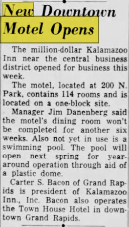 Kalamazoo Inn (Valley Inn Motel) - Oct 25 1962 Article